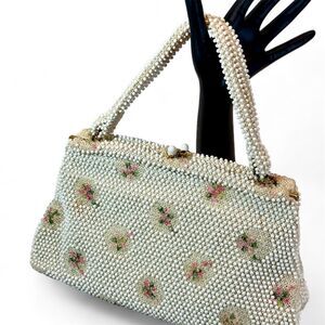 Corde Bead Evening Bag Cream Ivory, Pink Green Floral, Hand-Crafted Design